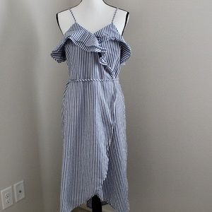 Blue and White Striped Ruffle Detail Faux Wrap Dress